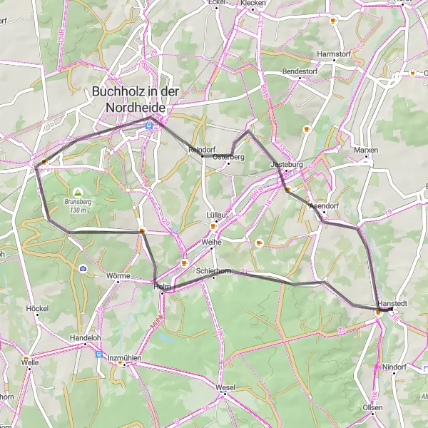 Karten-Miniaturansicht der Radinspiration "Roadtour entlang Hanstedt" in Lüneburg, Germany. Erstellt vom Tarmacs.app-Routenplaner für Radtouren