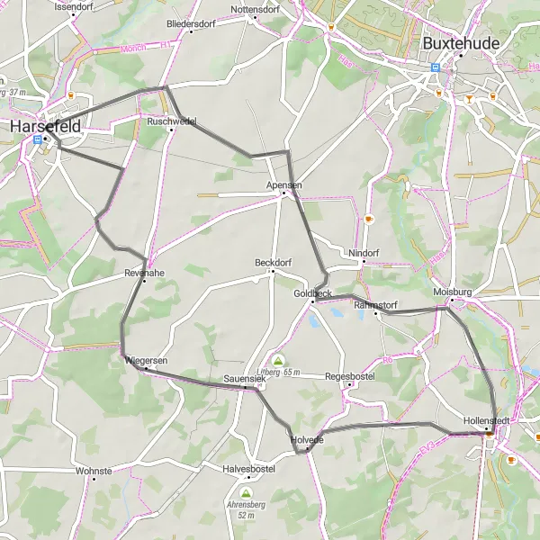 Map miniature of "Challenging Road Bike Ride to Goldbeck and Griemshorst" cycling inspiration in Lüneburg, Germany. Generated by Tarmacs.app cycling route planner