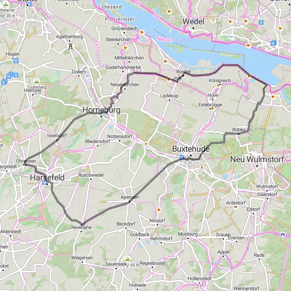 Map miniature of "Harsefeld Loop via Ohrensen and Jork" cycling inspiration in Lüneburg, Germany. Generated by Tarmacs.app cycling route planner
