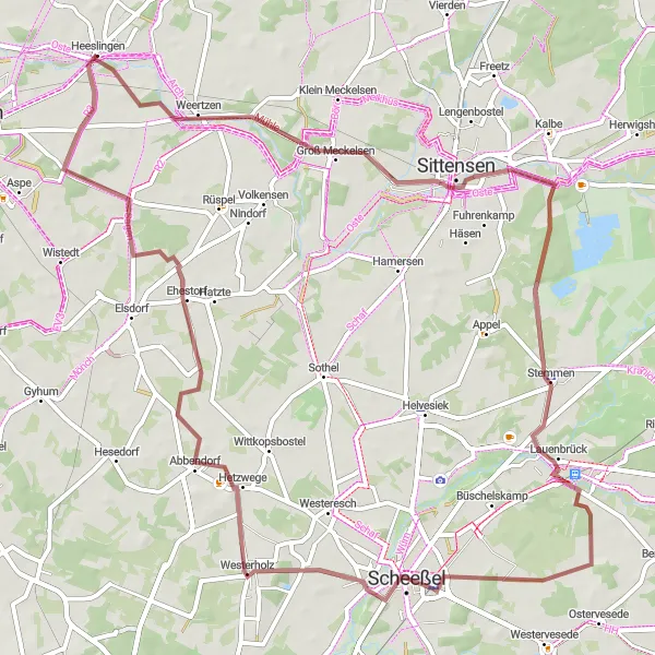 Karten-Miniaturansicht der Radinspiration "Gravel-Abenteuer um Heeslingen" in Lüneburg, Germany. Erstellt vom Tarmacs.app-Routenplaner für Radtouren