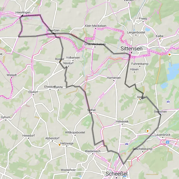 Map miniature of "Tour through Nature and History near Heeslingen" cycling inspiration in Lüneburg, Germany. Generated by Tarmacs.app cycling route planner