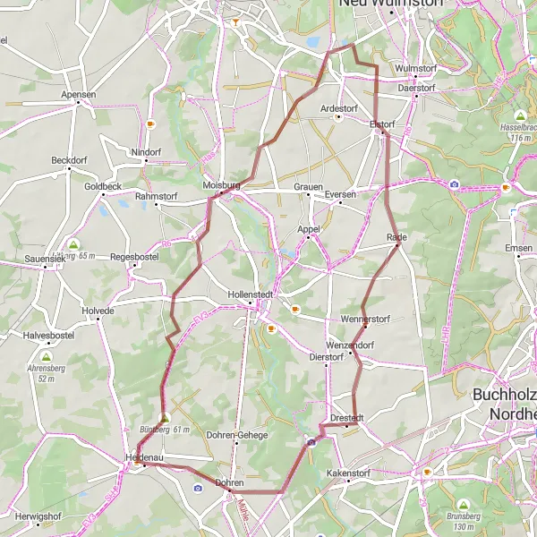 Map miniature of "Heidenau to Dohren Gravel Route" cycling inspiration in Lüneburg, Germany. Generated by Tarmacs.app cycling route planner