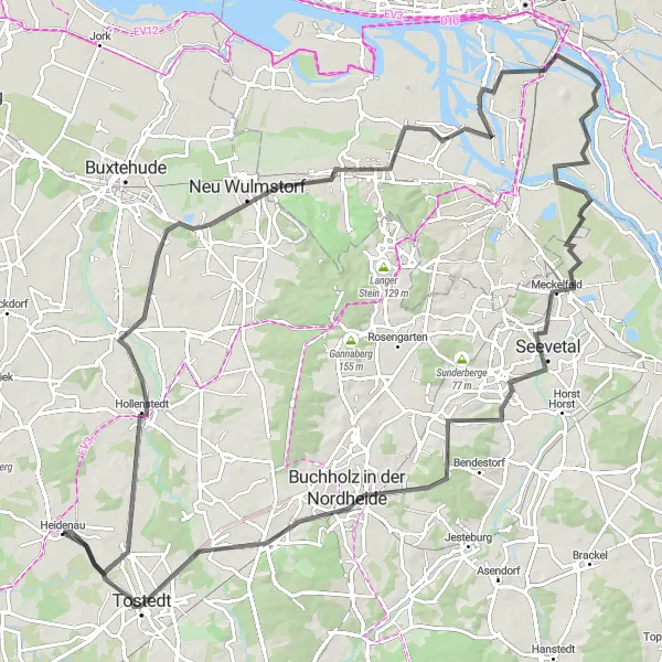 Map miniature of "Heidenau to Buchholz Road Ride" cycling inspiration in Lüneburg, Germany. Generated by Tarmacs.app cycling route planner