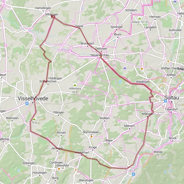 Map miniature of "Hemslingen Gravel Adventure" cycling inspiration in Lüneburg, Germany. Generated by Tarmacs.app cycling route planner