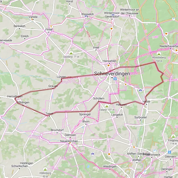 Karten-Miniaturansicht der Radinspiration "Gravelabenteuer durch Söhlingen" in Lüneburg, Germany. Erstellt vom Tarmacs.app-Routenplaner für Radtouren