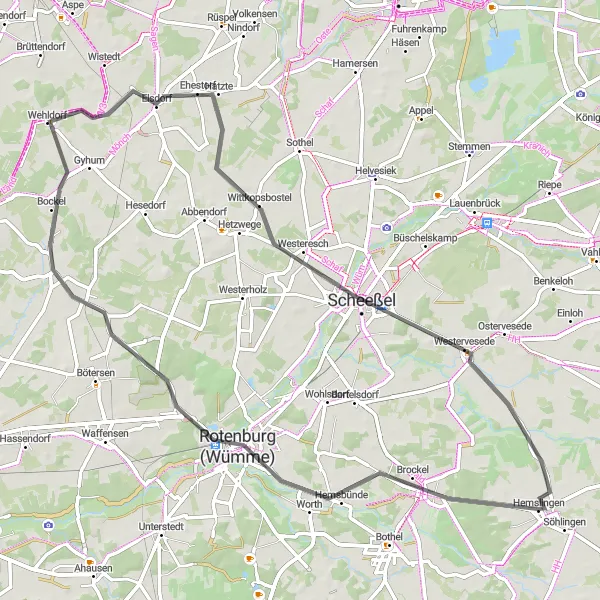 Map miniature of "Rotenburg and Scheeßel Road Cycling Adventure" cycling inspiration in Lüneburg, Germany. Generated by Tarmacs.app cycling route planner