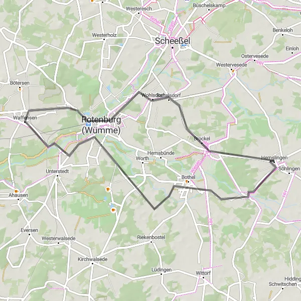 Map miniature of "Picturesque Country Roads of Lüneburg" cycling inspiration in Lüneburg, Germany. Generated by Tarmacs.app cycling route planner