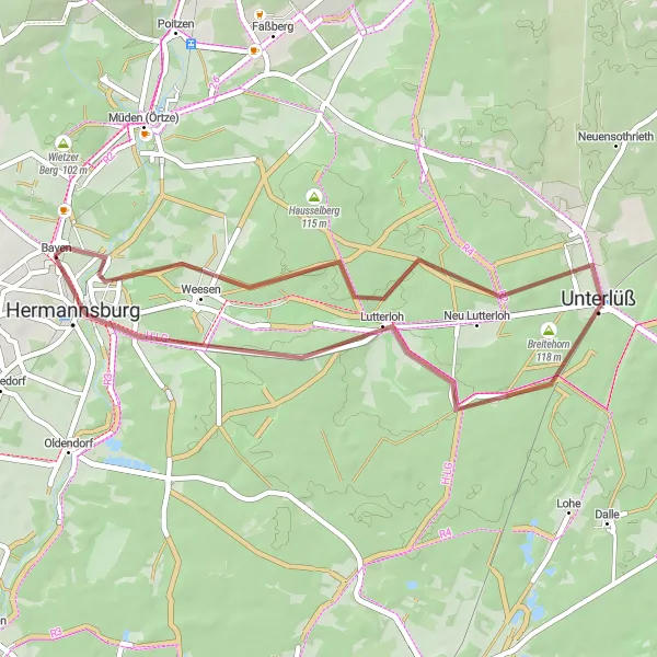 Karten-Miniaturansicht der Radinspiration "Örtzesee und Baven Rundfahrt" in Lüneburg, Germany. Erstellt vom Tarmacs.app-Routenplaner für Radtouren