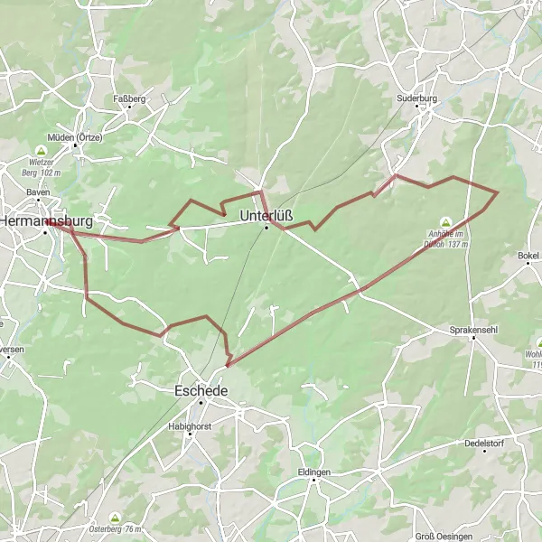 Karten-Miniaturansicht der Radinspiration "Vielfältige Aschauteiche und Lüßberg Tour" in Lüneburg, Germany. Erstellt vom Tarmacs.app-Routenplaner für Radtouren