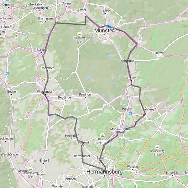 Karten-Miniaturansicht der Radinspiration "Die Bonstorf-Faßberg-Runde" in Lüneburg, Germany. Erstellt vom Tarmacs.app-Routenplaner für Radtouren