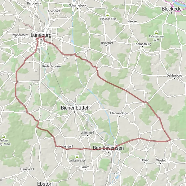 Map miniature of "Barnstedt and Kalkberg Gravel Route" cycling inspiration in Lüneburg, Germany. Generated by Tarmacs.app cycling route planner