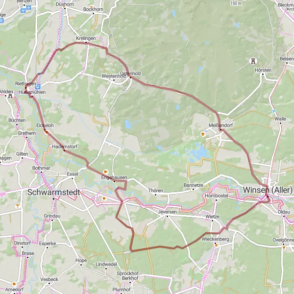 Map miniature of "Hodenhagen Ostenholz Meißendorf Winsen (Aller) Marklendorf Hademstorf Riethagen" cycling inspiration in Lüneburg, Germany. Generated by Tarmacs.app cycling route planner