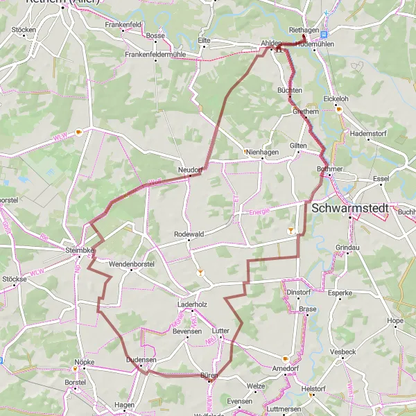 Map miniature of "Hodenhagen Schloss Ahlden Hühnenberg Büren Steimbke" cycling inspiration in Lüneburg, Germany. Generated by Tarmacs.app cycling route planner