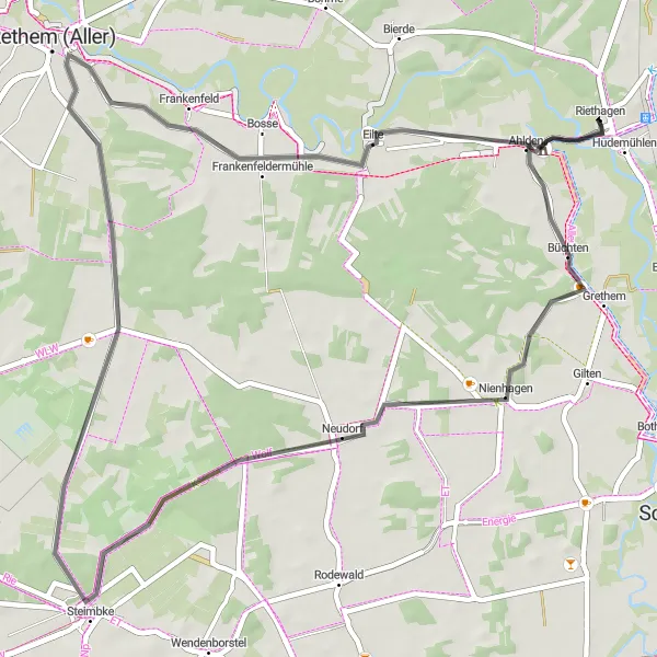 Map miniature of "Hodenhagen Schloss Ahlden Nienhagen Steimbke Aussichtspunkt Frankenfeld Eilte Riethagen" cycling inspiration in Lüneburg, Germany. Generated by Tarmacs.app cycling route planner