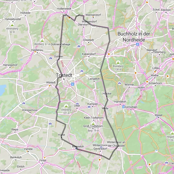 Map miniature of "Welle and Backhaus: Rolling Through the Hollenstedt Countryside" cycling inspiration in Lüneburg, Germany. Generated by Tarmacs.app cycling route planner