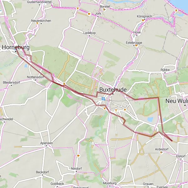 Karten-Miniaturansicht der Radinspiration "Horneburg-Eilendorf-Horneburg Rundweg" in Lüneburg, Germany. Erstellt vom Tarmacs.app-Routenplaner für Radtouren