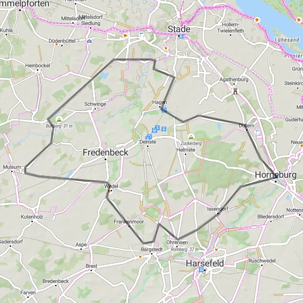 Map miniature of "Roads of Romberg" cycling inspiration in Lüneburg, Germany. Generated by Tarmacs.app cycling route planner