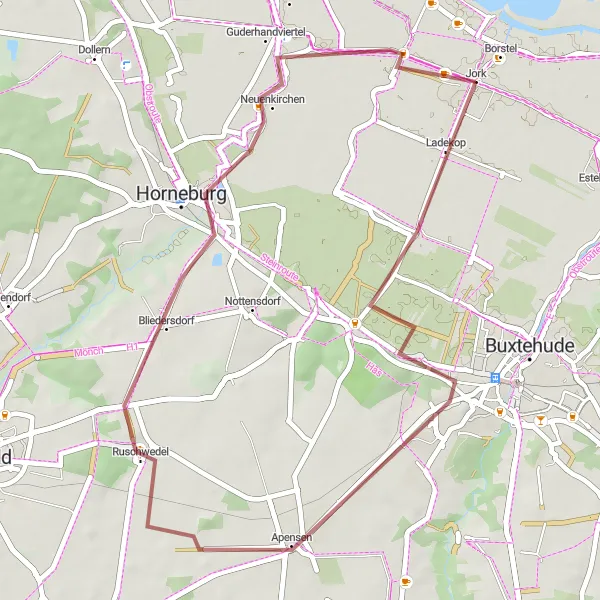 Map miniature of "Apensen Gravel Adventure" cycling inspiration in Lüneburg, Germany. Generated by Tarmacs.app cycling route planner