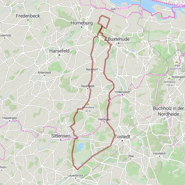 Map miniature of "Ladekop to Apensen Gravel Route" cycling inspiration in Lüneburg, Germany. Generated by Tarmacs.app cycling route planner