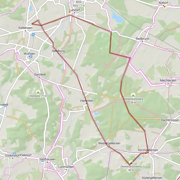 Map miniature of "Gravel Adventure in Kirchgellersen" cycling inspiration in Lüneburg, Germany. Generated by Tarmacs.app cycling route planner