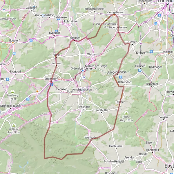 Karten-Miniaturansicht der Radinspiration "Abenteuerliche Gravel-Tour durch Betzendorf und Thansen" in Lüneburg, Germany. Erstellt vom Tarmacs.app-Routenplaner für Radtouren