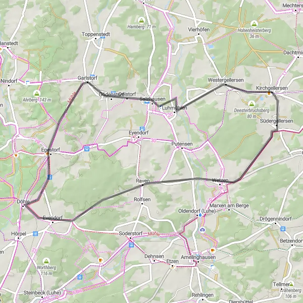 Map miniature of "Südergellersen Loop" cycling inspiration in Lüneburg, Germany. Generated by Tarmacs.app cycling route planner