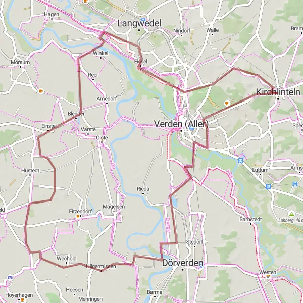 Map miniature of "Gravel Adventure through Kirchlinteln" cycling inspiration in Lüneburg, Germany. Generated by Tarmacs.app cycling route planner