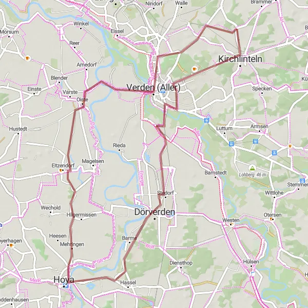 Karten-Miniaturansicht der Radinspiration "Tour um Kirchlinteln und Verden" in Lüneburg, Germany. Erstellt vom Tarmacs.app-Routenplaner für Radtouren