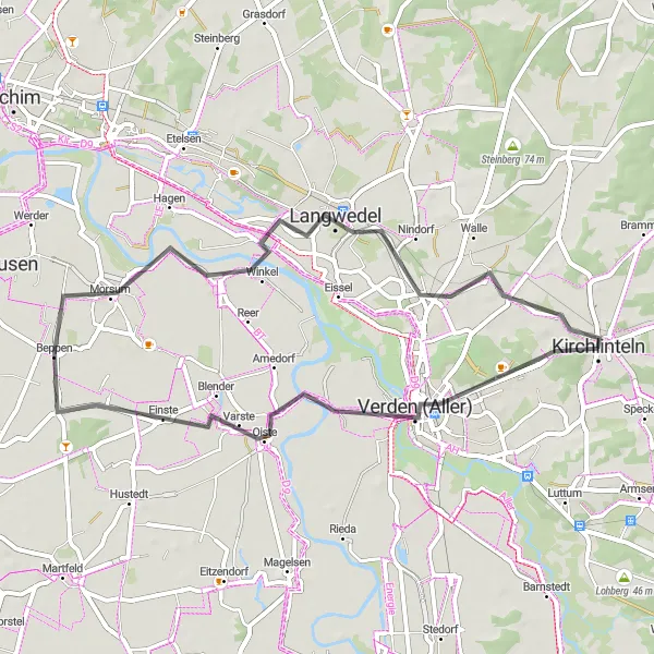 Karten-Miniaturansicht der Radinspiration "Kleine Rundtour bei Verden" in Lüneburg, Germany. Erstellt vom Tarmacs.app-Routenplaner für Radtouren