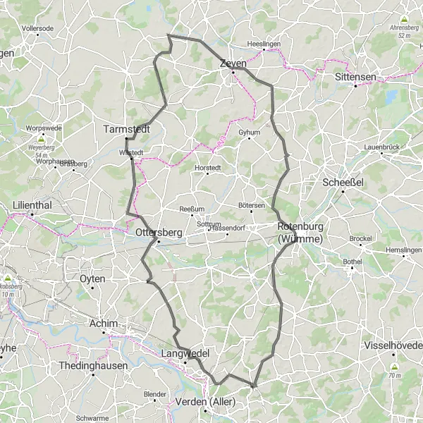 Map miniature of "Rotenburg Adventure Loop" cycling inspiration in Lüneburg, Germany. Generated by Tarmacs.app cycling route planner