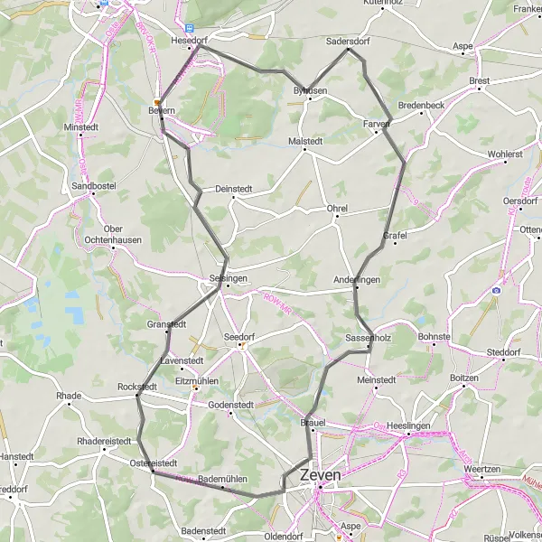 Map miniature of "Zeven Circular" cycling inspiration in Lüneburg, Germany. Generated by Tarmacs.app cycling route planner