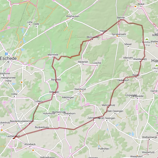 Map miniature of "Lachendorf Gravel Adventure Route" cycling inspiration in Lüneburg, Germany. Generated by Tarmacs.app cycling route planner