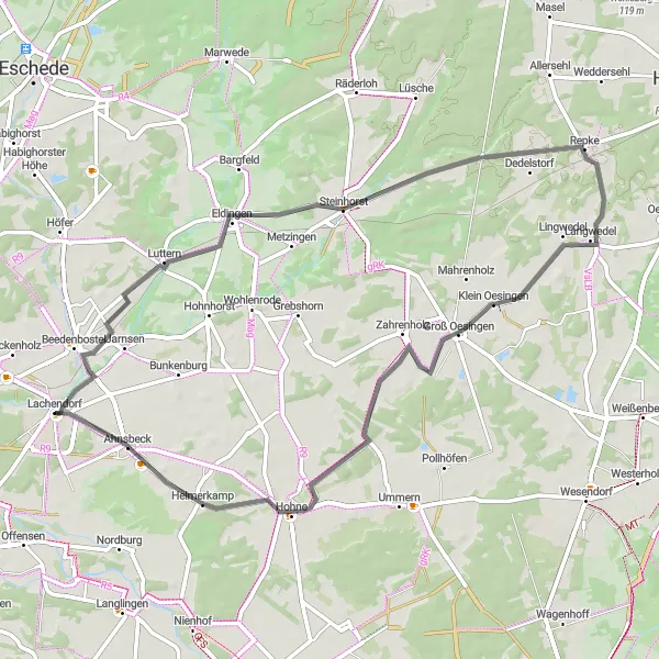 Map miniature of "The Eldingen Circuit" cycling inspiration in Lüneburg, Germany. Generated by Tarmacs.app cycling route planner