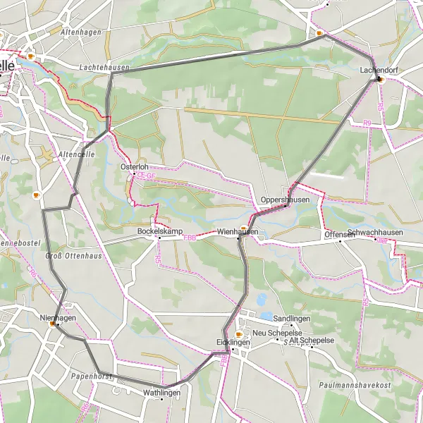 Map miniature of "Lachendorf Short and Sweet Road Cycling Route" cycling inspiration in Lüneburg, Germany. Generated by Tarmacs.app cycling route planner