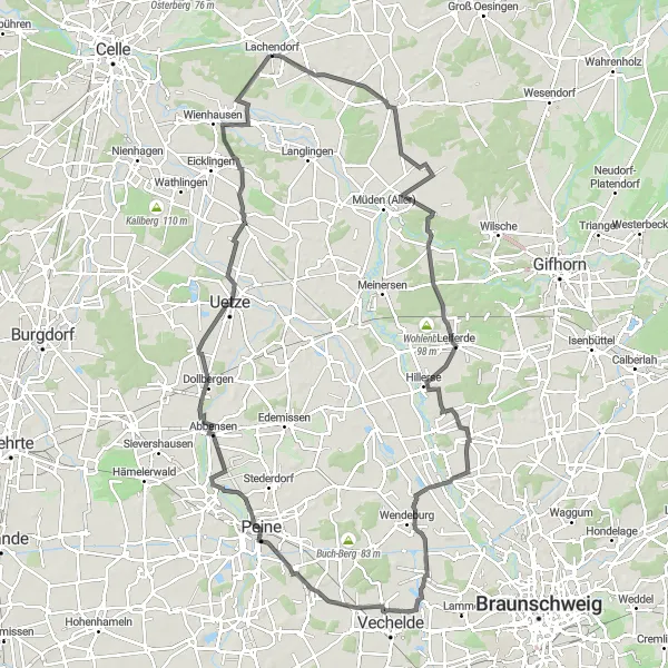 Karten-Miniaturansicht der Radinspiration "Radtour von Lachendorf nach Vechelade" in Lüneburg, Germany. Erstellt vom Tarmacs.app-Routenplaner für Radtouren
