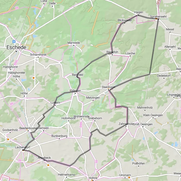 Karten-Miniaturansicht der Radinspiration "Entdeckungstour durch Bargfeld, Sprakensehl, Steinhorst, Schmarloh und Ahnsbeck" in Lüneburg, Germany. Erstellt vom Tarmacs.app-Routenplaner für Radtouren