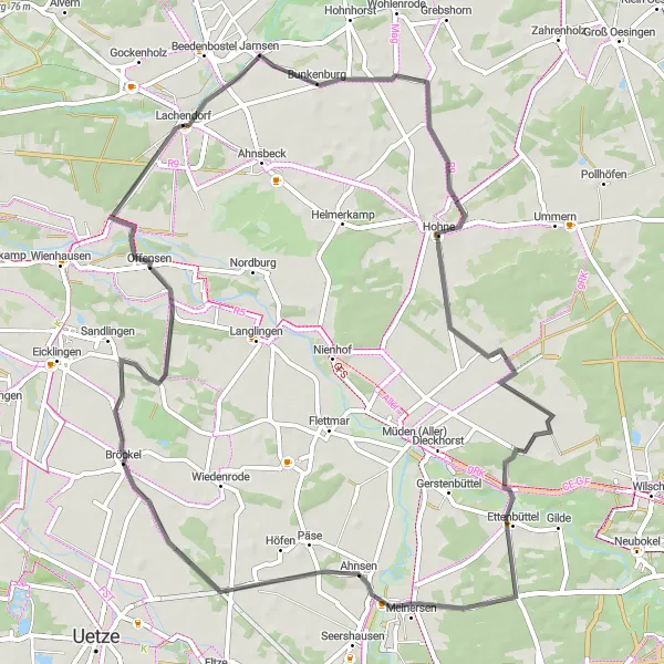 Karten-Miniaturansicht der Radinspiration "Radtour von Lachendorf nach Offensen" in Lüneburg, Germany. Erstellt vom Tarmacs.app-Routenplaner für Radtouren