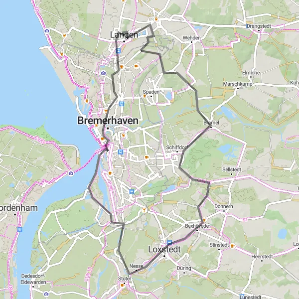 Map miniature of "Debstedt & Schiffdorf Road Route" cycling inspiration in Lüneburg, Germany. Generated by Tarmacs.app cycling route planner