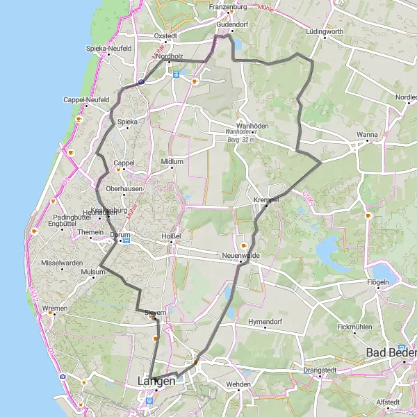 Map miniature of "Dorum - Gudendorf - Krempel - Langen Round-trip Cycling Route" cycling inspiration in Lüneburg, Germany. Generated by Tarmacs.app cycling route planner