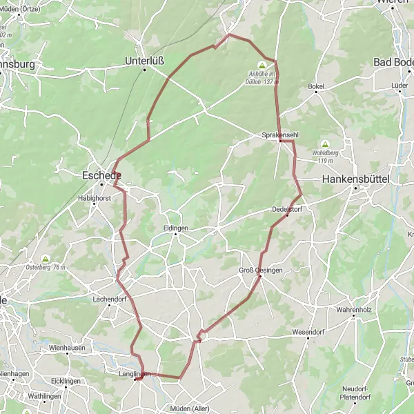 Karten-Miniaturansicht der Radinspiration "Rundkurs über Beedenbostel, Dalle und Lüßberg" in Lüneburg, Germany. Erstellt vom Tarmacs.app-Routenplaner für Radtouren