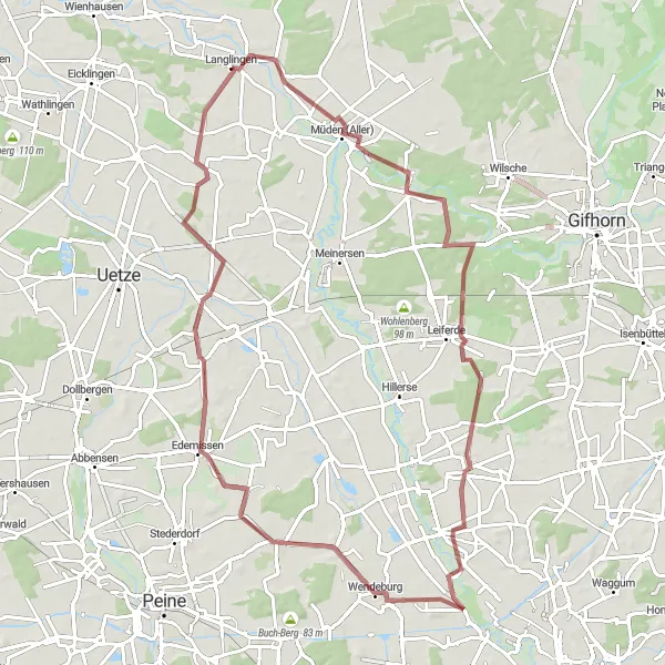 Map miniature of "Müden (Aller) Adventure" cycling inspiration in Lüneburg, Germany. Generated by Tarmacs.app cycling route planner