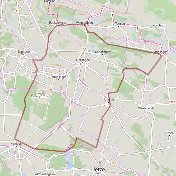 Map miniature of "Scenic Gravel Route to Hänigsen" cycling inspiration in Lüneburg, Germany. Generated by Tarmacs.app cycling route planner