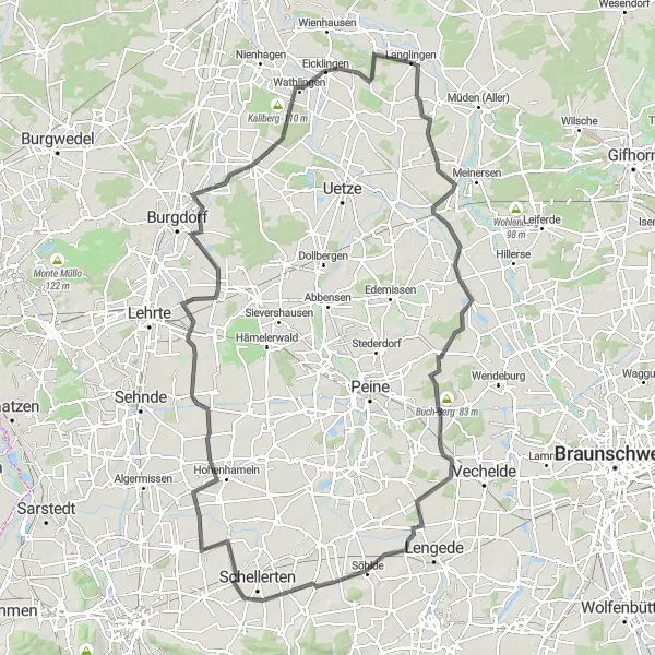 Map miniature of "Road Cycling Loop near Langlingen" cycling inspiration in Lüneburg, Germany. Generated by Tarmacs.app cycling route planner