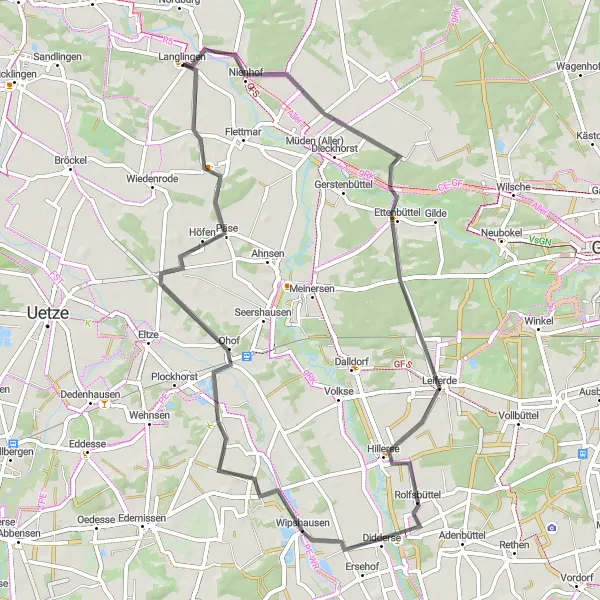 Map miniature of "Langlingen Loop" cycling inspiration in Lüneburg, Germany. Generated by Tarmacs.app cycling route planner