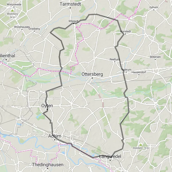 Karten-Miniaturansicht der Radinspiration "Rund um Langwedel, Sottrum und Wilstedt" in Lüneburg, Germany. Erstellt vom Tarmacs.app-Routenplaner für Radtouren