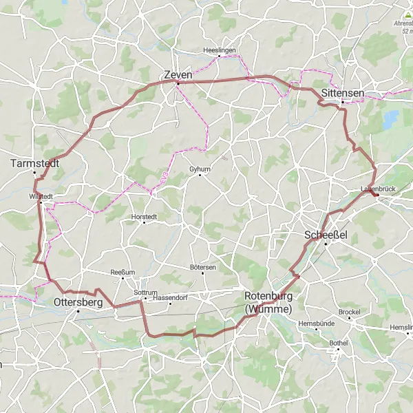 Map miniature of "Lauenbrück - Scheeßel - Sottrum - Zeven - Stemmen" cycling inspiration in Lüneburg, Germany. Generated by Tarmacs.app cycling route planner