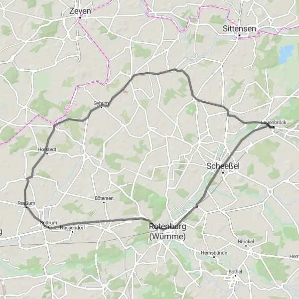Map miniature of "Lauenbrück - Scheeßel - Gyhum - Helvesiek" cycling inspiration in Lüneburg, Germany. Generated by Tarmacs.app cycling route planner