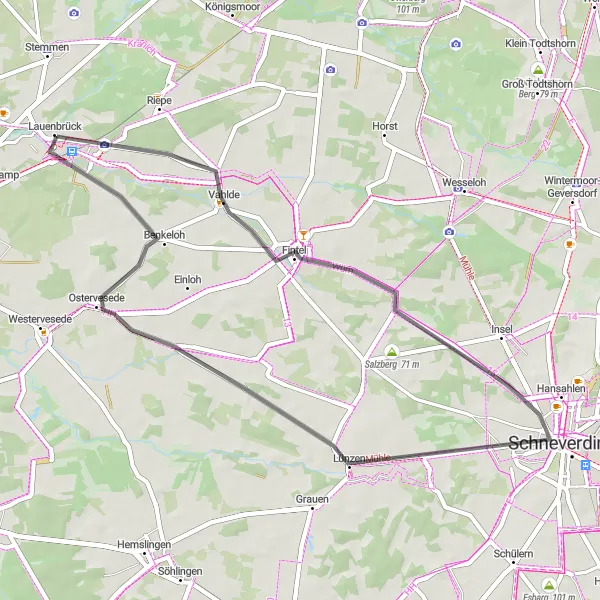 Map miniature of "Road to Fintel" cycling inspiration in Lüneburg, Germany. Generated by Tarmacs.app cycling route planner