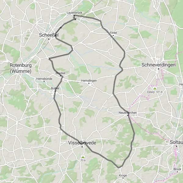 Map miniature of "Lauenbrück - Fintel - Hohen Berg - Bothel - Westervesede" cycling inspiration in Lüneburg, Germany. Generated by Tarmacs.app cycling route planner