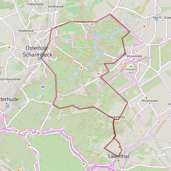 Map miniature of "Osterholz-Scharmbeck Adventure Ride" cycling inspiration in Lüneburg, Germany. Generated by Tarmacs.app cycling route planner